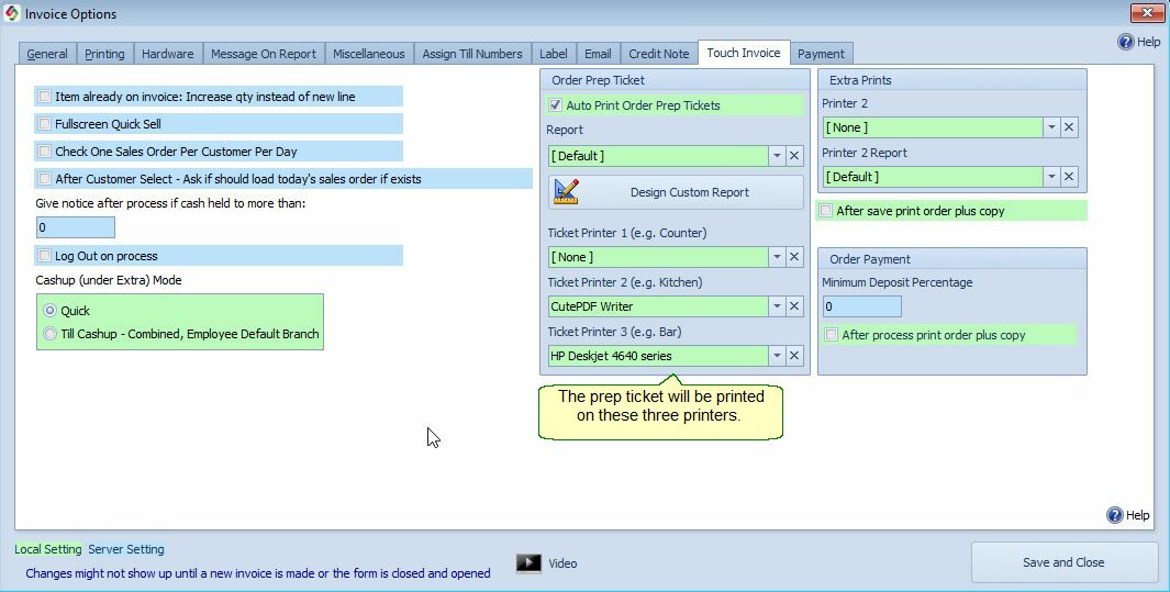 Touch Invoice Options